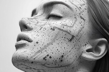 a dotted matrix grid of a face emerging from gray circuit lines on a gray on white background