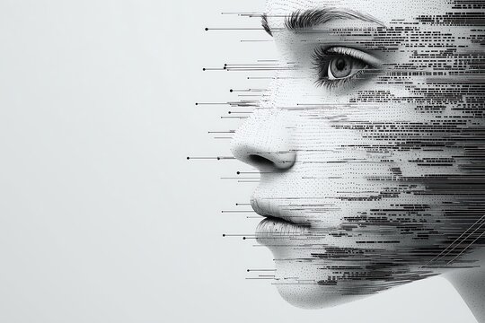 a dotted matrix grid of a face emerging from gray circuit lines on a gray on white background
