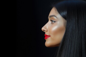 Close-up of actress Penelope Anatolis smiling. She has long, straight black hair and red lipstick on her lips