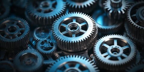 The steel frameworks of industrial buildings merge with the detailed mechanics of gears and cogs, creating a vision of mechanical and architectural harmony