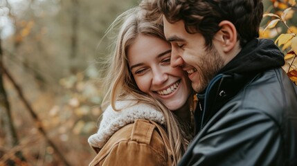 Fototapeta premium Embracing fresh air and engaging in outdoor activities. Loving young couple hugging and smiling together on nature background