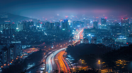 Seoul city, night time long exposure. Generative AI.