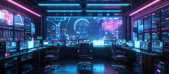 Fototapeta premium Futuristic data analysis hub set in a bustling retail environment featuring a clean and minimalist workspace filled with advanced holographic displays sleek AI powered terminals
