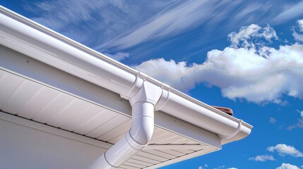 A white gutter is attached to the roof of a house