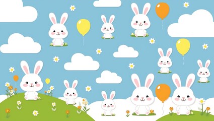 Fototapeta premium Colorful and cheerful illustration of white bunnies holding balloons and sitting on flower-filled hills under a bright blue sky. The playful layout makes it ideal for children's decor