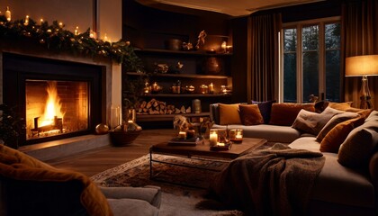A cozy living room featuring a warm fireplace and festive decorations, creating an inviting and homely atmosphere. The comfortable seating and ambient lighting make this scene perfect for lifestyle
