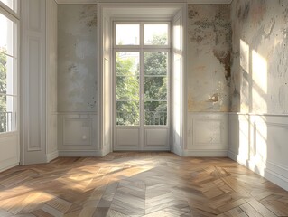 Fototapeta premium The silent story of an abandoned room where sunlight dances on forgotten floors and walls whisper memories.