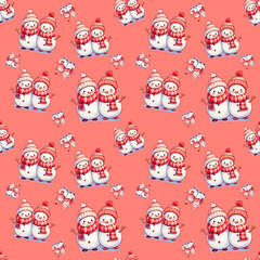 Obraz premium Christmas wallpaper with two smiling snowmen, Seamless repeating pattern wrapping paper design