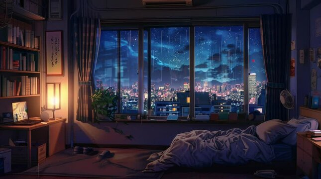 Enchanting bedroom with a window overlooking a fantasy night landscape, filled with stars and magical elements, creating a dreamy at Seamless looping 4k time-lapse virtual video animation Generated AI