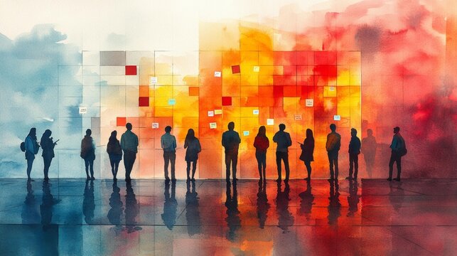 Silhouettes of People Observing a Colorful Wall Generative AI