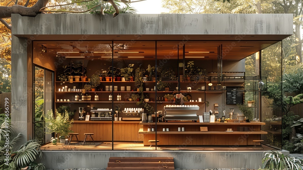 Aufkleber a cafe made from wood and concrete with large glass panels. the front where it is open to nature, wh