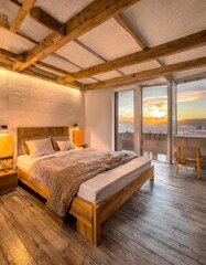 Functional small bedroom layout with a loft bed and under-bed storage for maximizing space