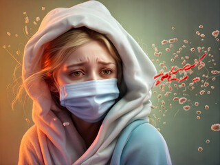 Worried young woman wearing a protective mask and hoodie, surrounded by virus particles in a dramatic illustration