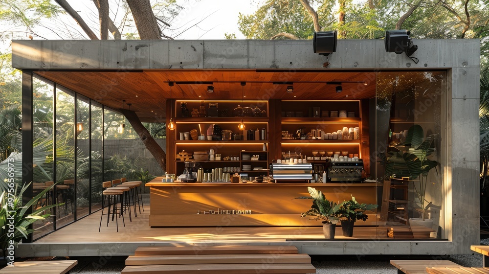 Aufkleber a cafe made from wood and concrete with large glass panels. the front where it is open to nature, wh