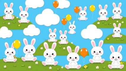Obraz premium Playful cartoon illustration of white bunnies with pink ears floating with balloons and sitting on flower-covered hills under a bright blue sky with clouds. Perfect for children's designs or cheerful 
