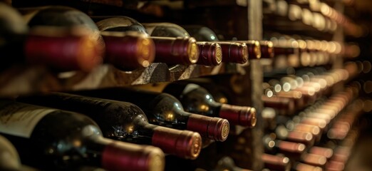 Resting wine bottles stacked on wooden racks in cellar