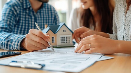 Fototapeta premium Couple assessing home buying checklist, mortgage application form laid out, focused discussion on financial planning and future homeownership goals, cozy living space ambiance