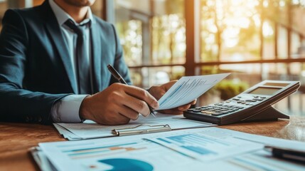 Real Estate Agent's Office Review, an agent meticulously examining a checklist alongside a mortgage calculator and loan documents, ensuring all details are in order for clients.