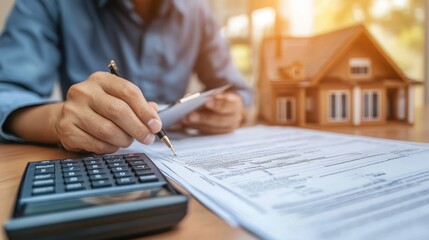 Real Estate Agent's Checklist Review, A professional assessing loan documents, utilizing a mortgage calculator, ensuring thoroughness in property transactions, organized and focused.