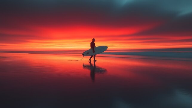 Surfer walking on the beach with their surfboard at sunset, long exposure photography. Background is blurred to emphasize the surfer and the ocean, abstract, minimalist composition