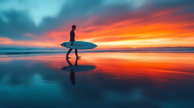 Surfer walking on the beach with their surfboard at sunset, long exposure photography. Background is blurred to emphasize the surfer and the ocean, abstract, minimalist composition