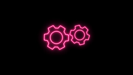 Glowing neon line gear cog icon, gear wheel icon, neon settings icon on black background.