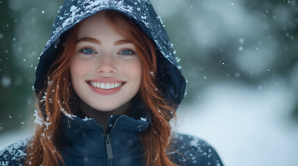 Smiling young girl with red hair in blue winter jacket with hood standing against snowy forest background. Winter magic. Bright smile. Space for inscription.