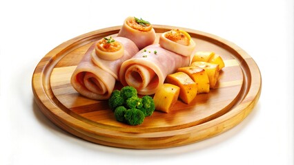 ham rolls fried  pork rolls vegetables potato wedges wooden plats white background