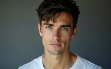 Obraz premium Thoughtful young man with dark hair in white shirt