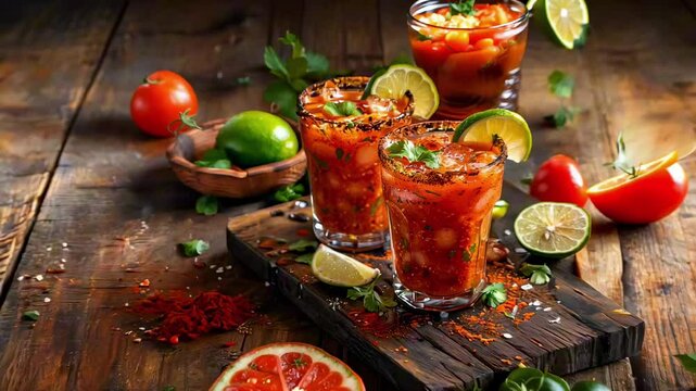 Spicy Michelada Cocktail with Beer, Tomato and Lime Juice. Michelagua, Mexican Bloody Mary. Cinco de Mayo Celebration