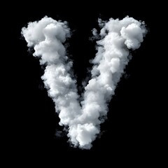 Cloud Letter V, Cloud or Smoke Alphabet V Isolated on Black Background, Heavenly Typography with Fluffy Clouds