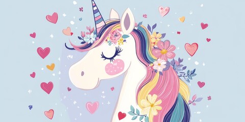 Template with a cute magical unicorn on a pink background with balloons. Children's birthday party invitation. Flat illustration