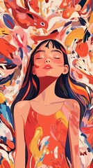 A serene Asian girl with closed eyes amidst vibrant, swirling colors.