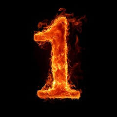 Fire Number 1, Fire Texture Alphabet 1 Isolated on Black Background, Fiery Typography with Flames