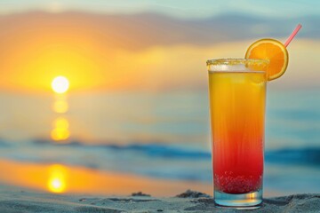 Tropical Sunset Cocktail with Orange Slice on a Beachside Evening






