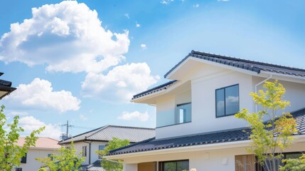 A white house with a black roof and a blue sky