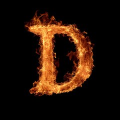 Fire Letter D, Fire Texture Alphabet D Isolated on Black Background, Fiery Typography with Flames