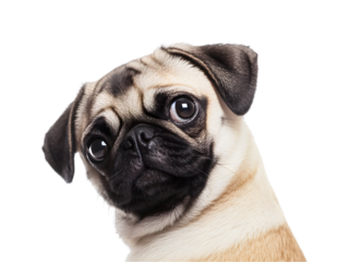 Pug Dog Looking Back Over its Shoulder Isolate on Transparent Background, Cut Out, Pet, Cute Animal, Close-up, white background