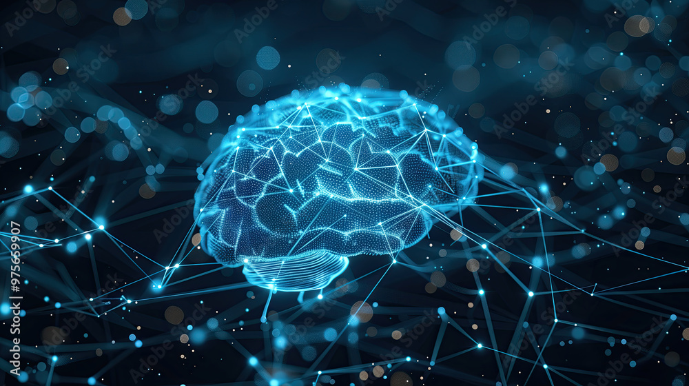 Poster digital image of brain with neuron connections in light blue tones, showcasing intricate patterns an