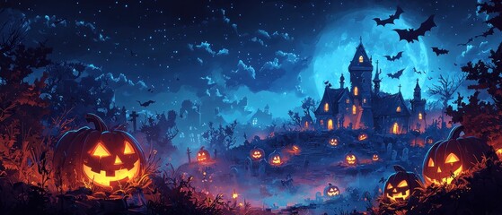 Spooky 3D Cartoon Wallpaper with Ghosts and Pumpkins in a Graveyard Setting for Design and Text Space