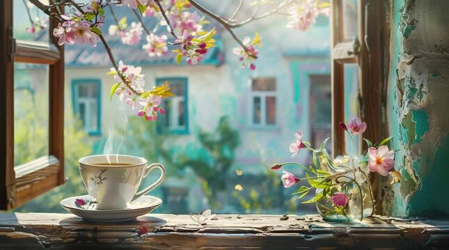 Cup of steaming coffee on a table by the window overlooking a blooming sakura tree, serene and inviting ambiance
  Seamless looping 4k time-lapse virtual video animation Generated AI