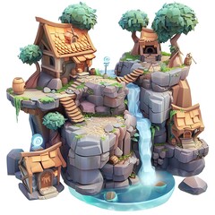 waterfall cartoon diorama 3D art style isolated white background, graphic element resource design.