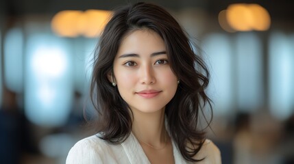 Fototapeta premium upper body, upper half of the body portrait of an Asian woman in her early 40s, Sitting in a luxurious office, a front-view angle