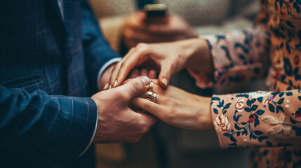 A close-up of a couple exchanging wedding rings, their hands intertwined, capturing the emotional significance of their union.