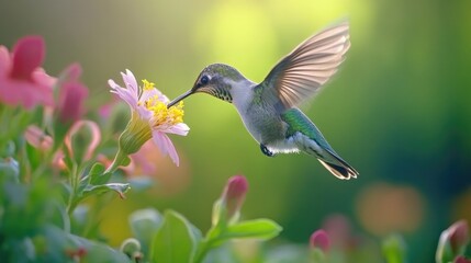 Fototapeta premium A close-up of a hummingbird sipping nectar from a flower, its wings a blur of motion.