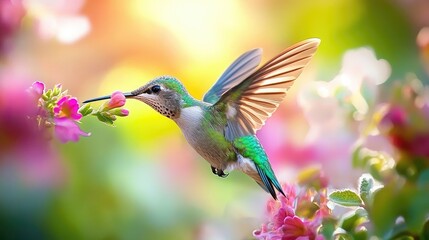 Fototapeta premium A close-up of a hummingbird sipping nectar from a flower, its wings a blur of motion.