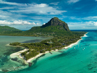 Aerial view: Luxury tropical beach and Le Morne mountain in Mauritius
