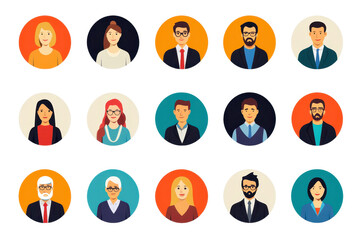 Collection of diverse professional avatar icons in colorful circles, perfect for websites, profiles, and user interfaces.
