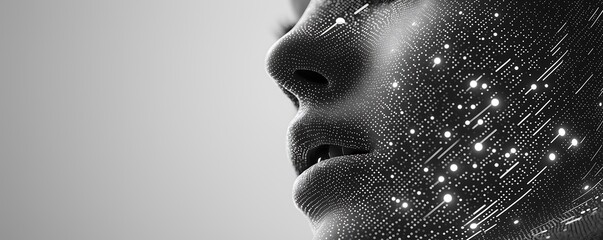 a dotted matrix grid of a face emerging from gray circuit lines on a gray on white background