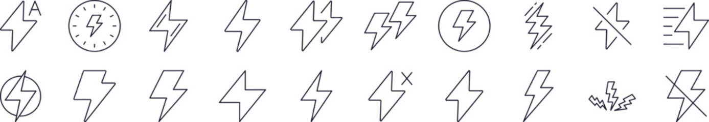 Pack of Line Icons of Lightning. Editable Stroke. Minimalistic Linear Pictogram for Design of Cards, Apps, Banners, Posts